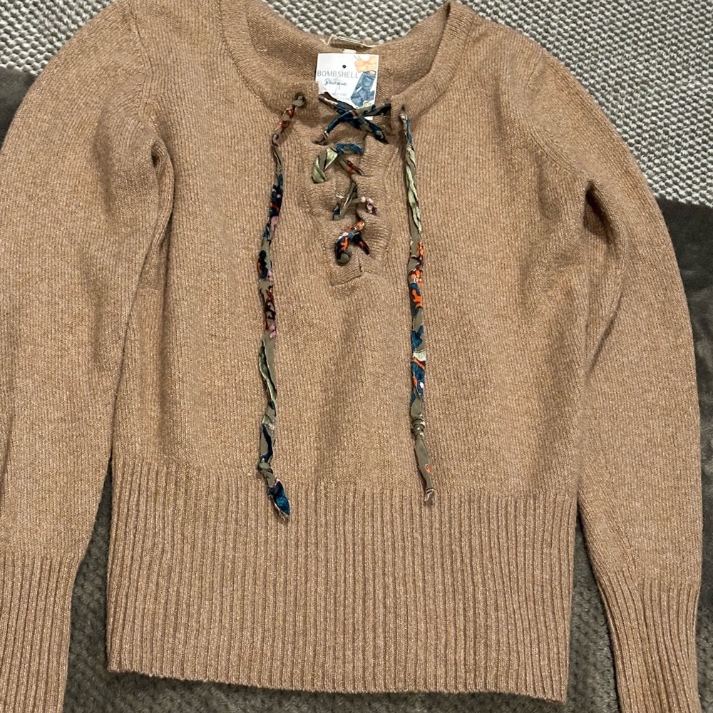 Gimmick Lace-Up Tan Sweater - Picture 1 of 13